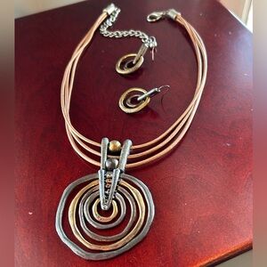 Boho Pendant Earring set Adjustable triple strand copper tone cording Chunky